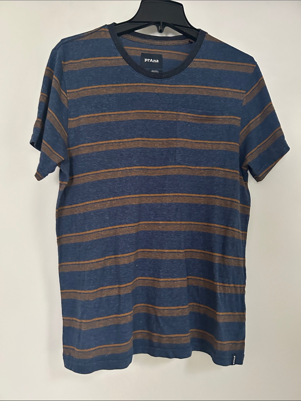 Prana Navy and Brown Horizontal Stripe Short Sleeve Tee